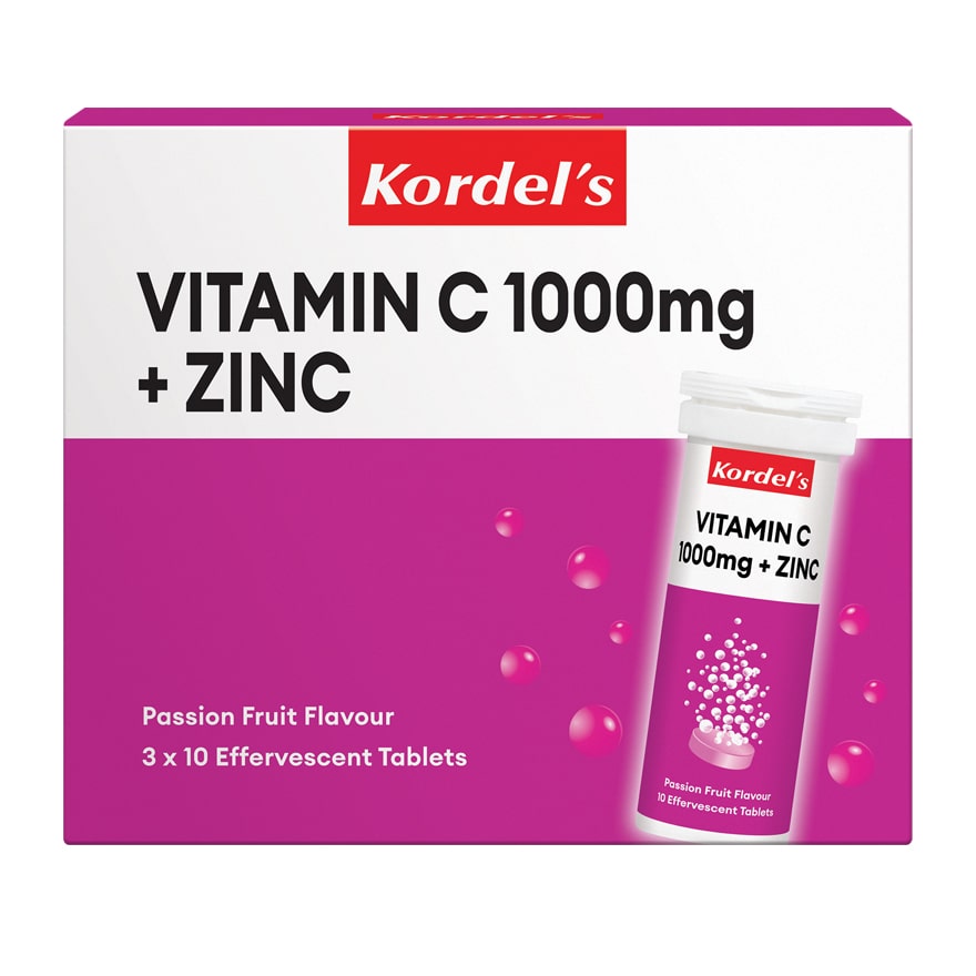 Kordel's Vitamin C 1000mg + Zinc Effervescent Passion Fruit Flavour 3x10s